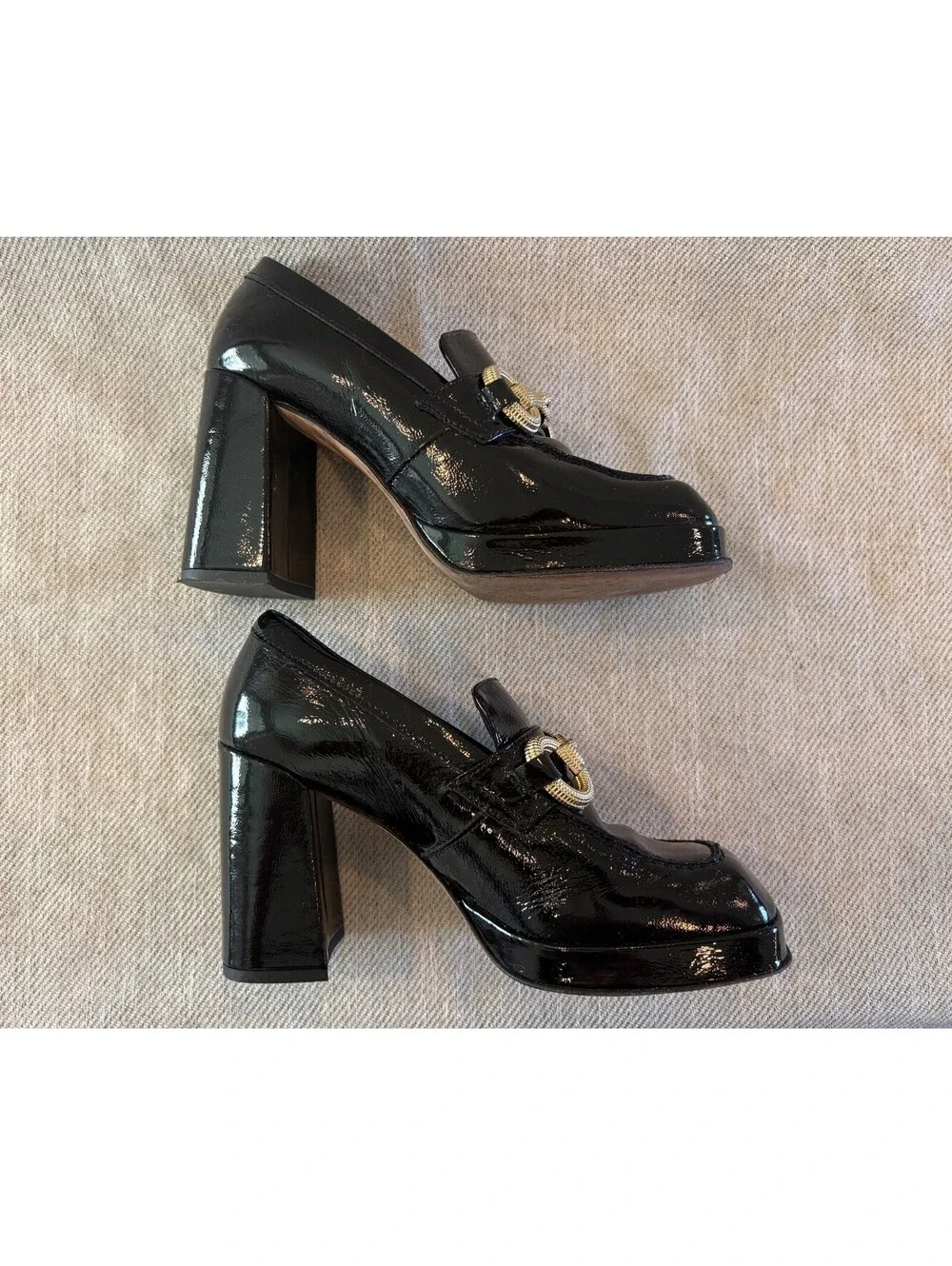 Sole Bliss Genevieve Black Patent Leather Heeled Horsebit Loafers Size 37 US 6